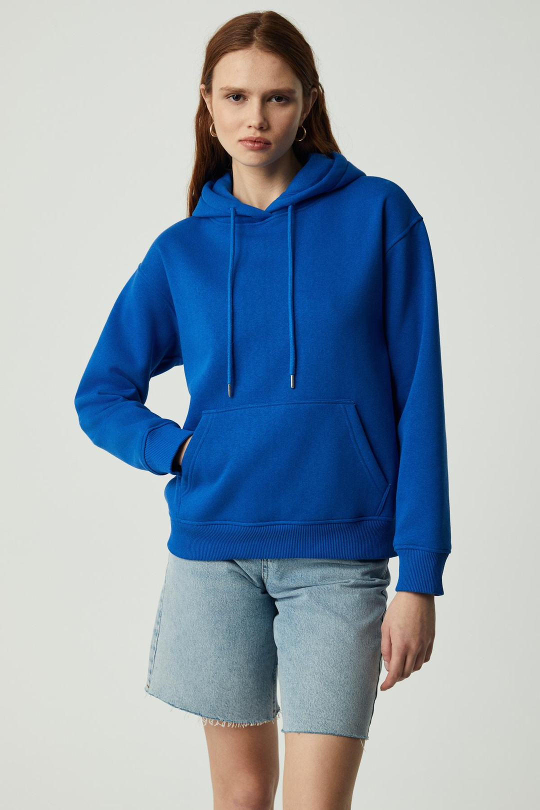 Adel Kadın Organik Pamuklu Içi Polarlı Yumuşacık Relaxed  Kanguru Cepli Kapüşonlu Parlament Mavi Sweatshirt