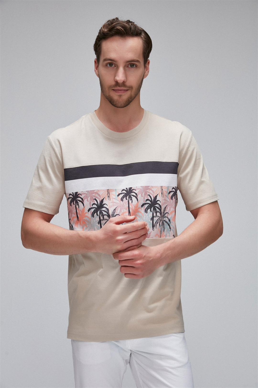 ADRIAN Erkek Bej Baskılı Yuvarlak Yaka Comfort Fit T-Shirt