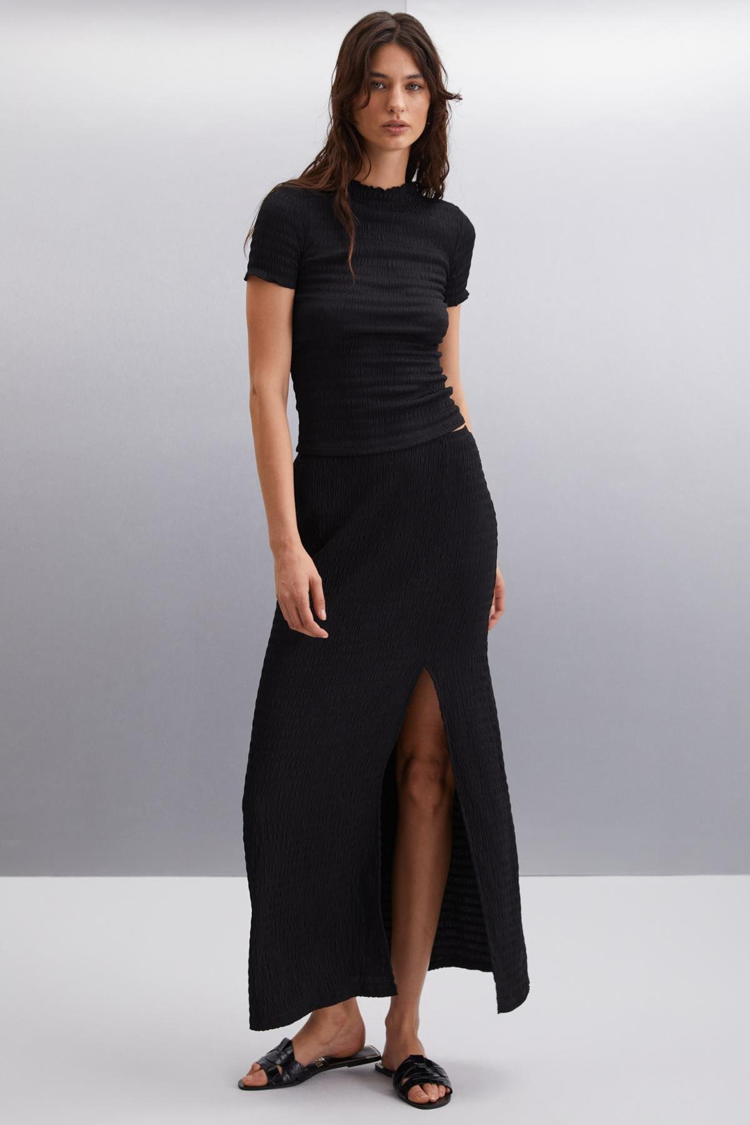 AIVY Kadın Slim Fit Dokulu Vücuda Oturan Dokuma Siyah Etek