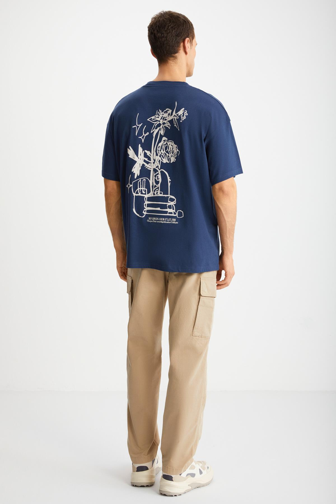 ALONZO Erkek Oversize Fit %100 Pamuk Nakışlı Ve Baskılı Lacivert T-Shirt