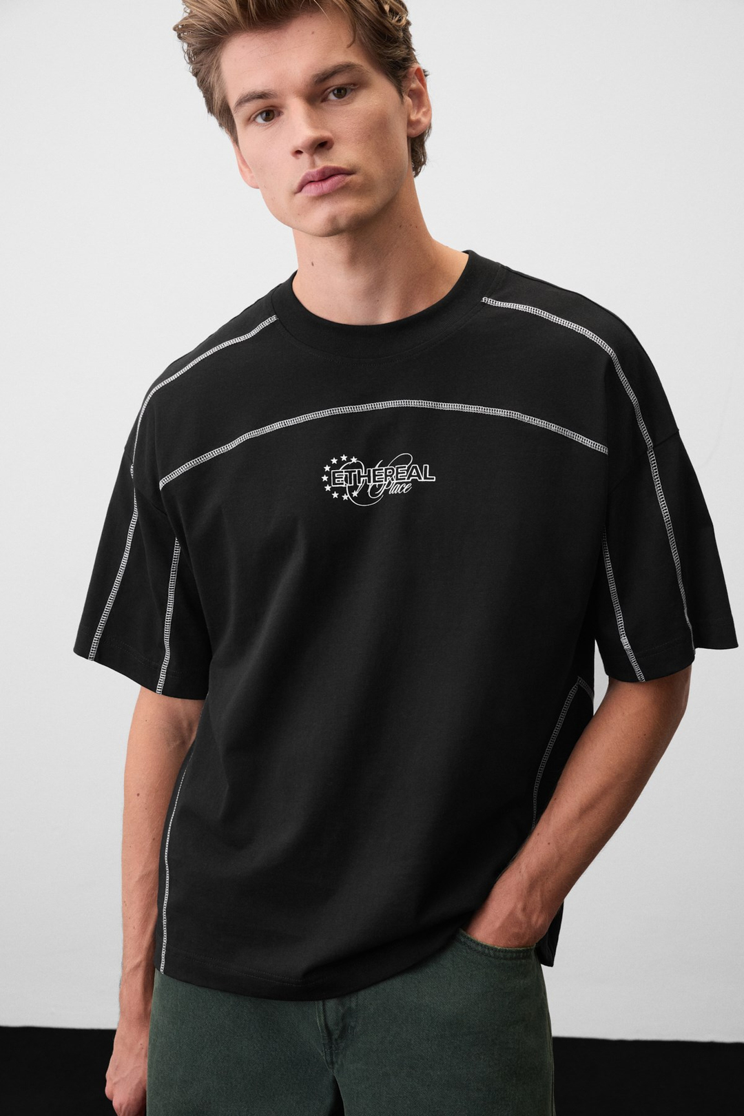 ALVAREZ Erkek Kontrast Dikişli Baskılı Siyah T-Shirt