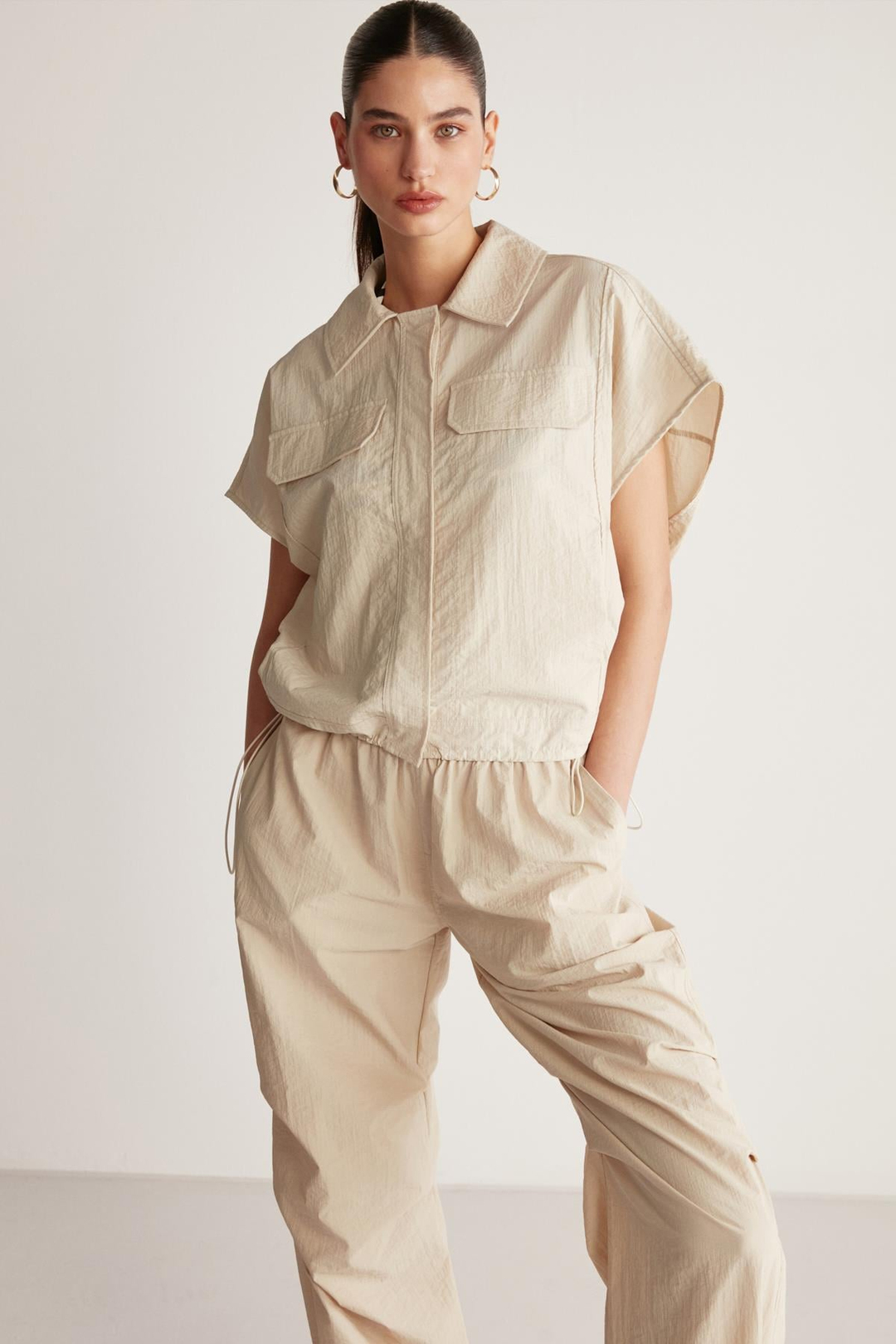 AMANDA Paraşüt Oversize Ekru Tekli Gömlek