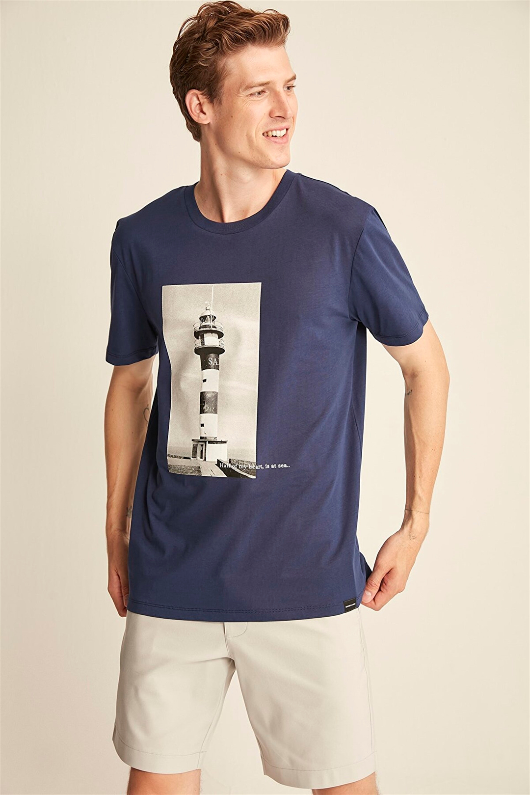 AMIR Erkek Lacivert Baskılı Yuvarlak Yaka Comfort Fit T-Shirt