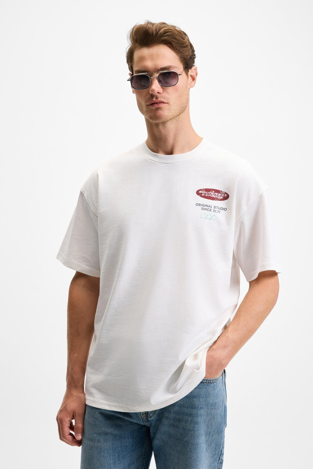 ANGOLO Erkek Ön Baskı Ve Nakış Detaylı Bisiklet Yaka Oversize Kısa Kollu Beyaz T-Shirt