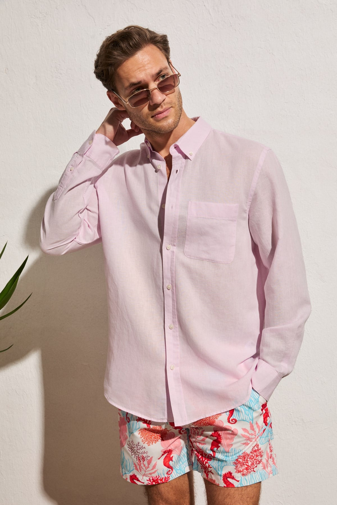 ARLES Erkek Keten Karışımlı Uzun Kollu Tek Cepli Regular Fit Pembe Gömlek