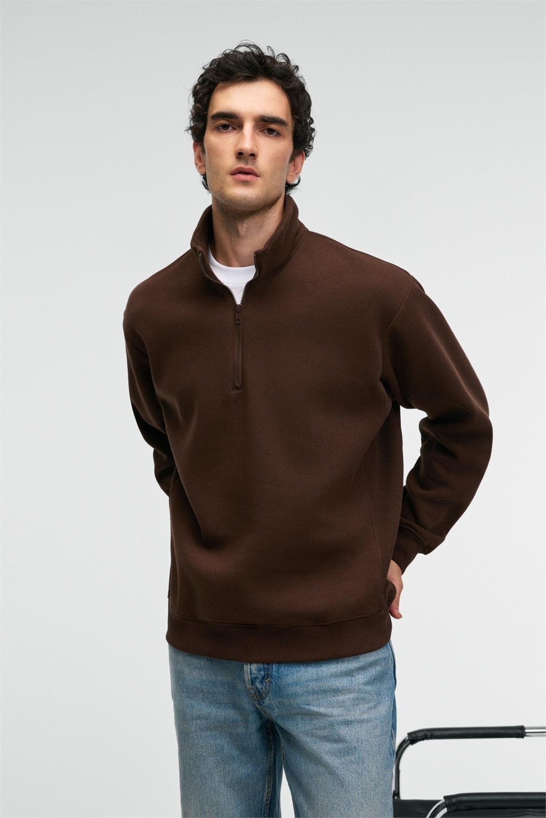 BAXTER Erkek Dik Yakalı Fermuarlı Relaxed Kahverengi Sweatshirt