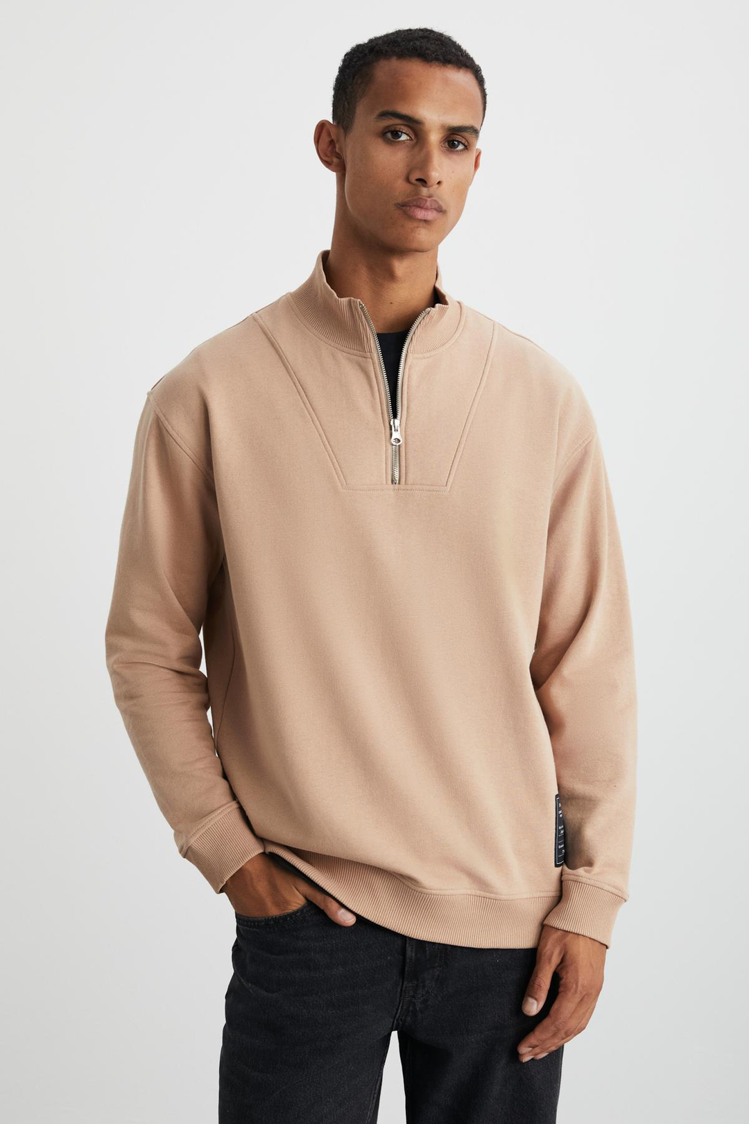 BILBOAN Erkek Pamuk Fermuar Dik Yaka Sırt Baskılı Koyu Bej Sweatshirt