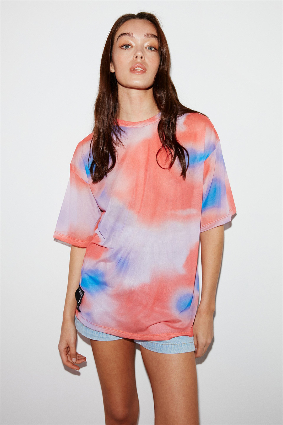 BONBON Kadın Pembe Batik Desenli Tül Yuvarlak Yaka Oversize T-Shirt