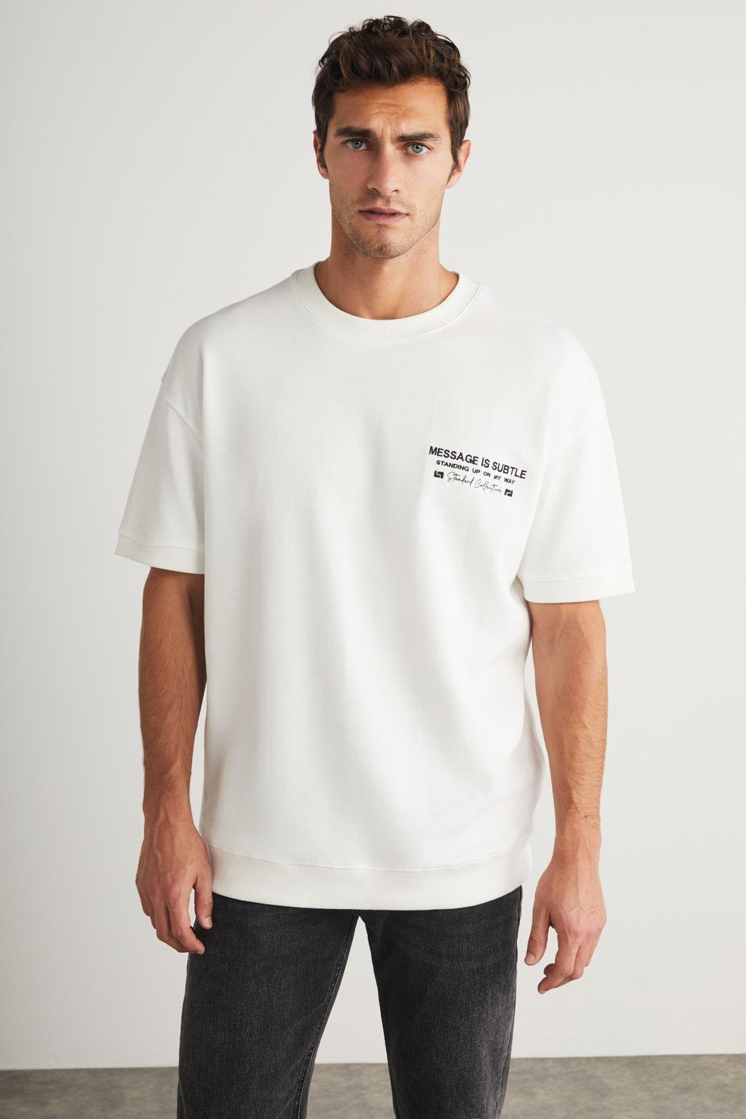 BRENDAN Basic Relaxed Ekru Tekli T-Shirt