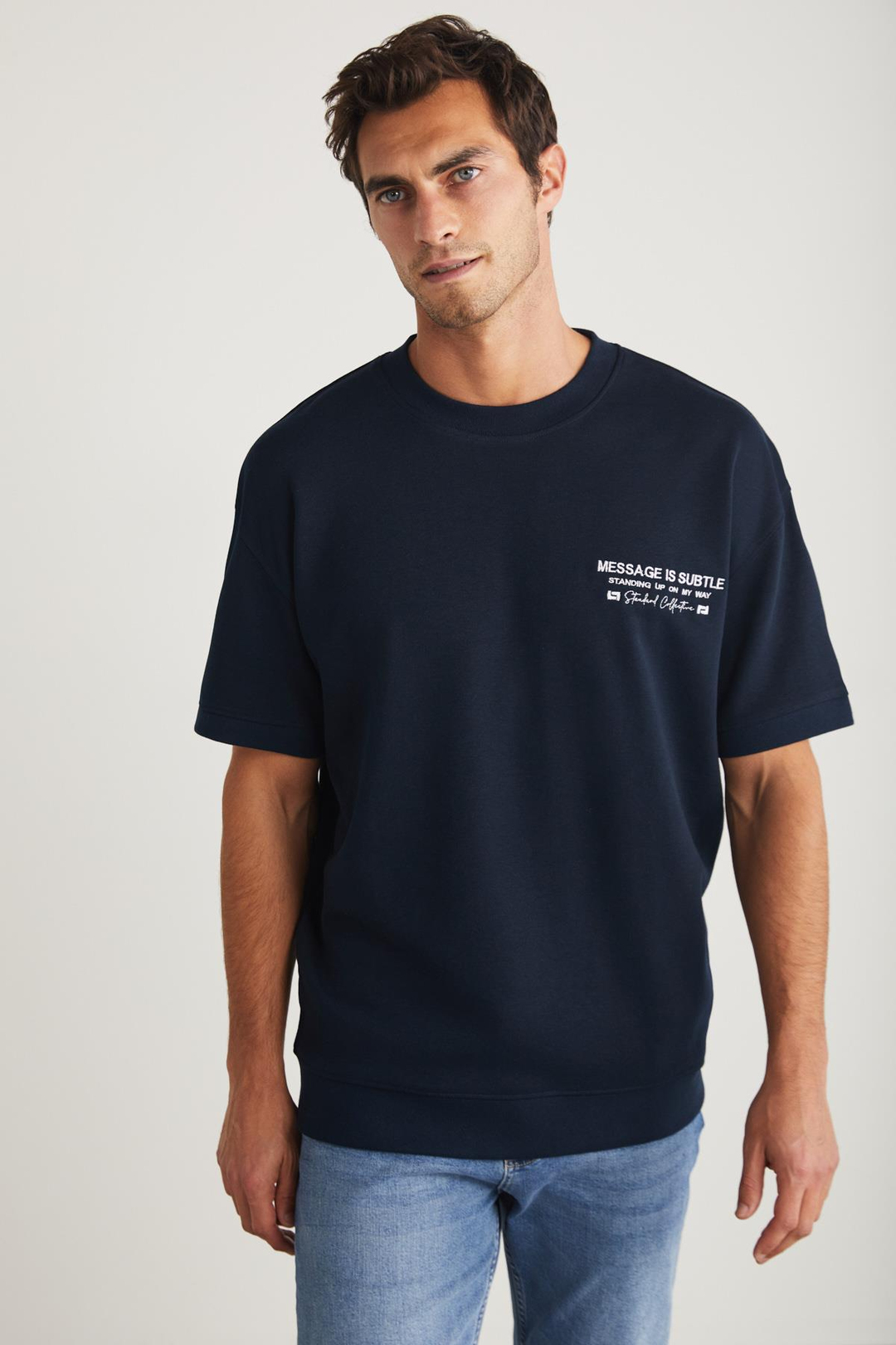 BRENDAN Basic Relaxed Lacivert Tekli T-Shirt