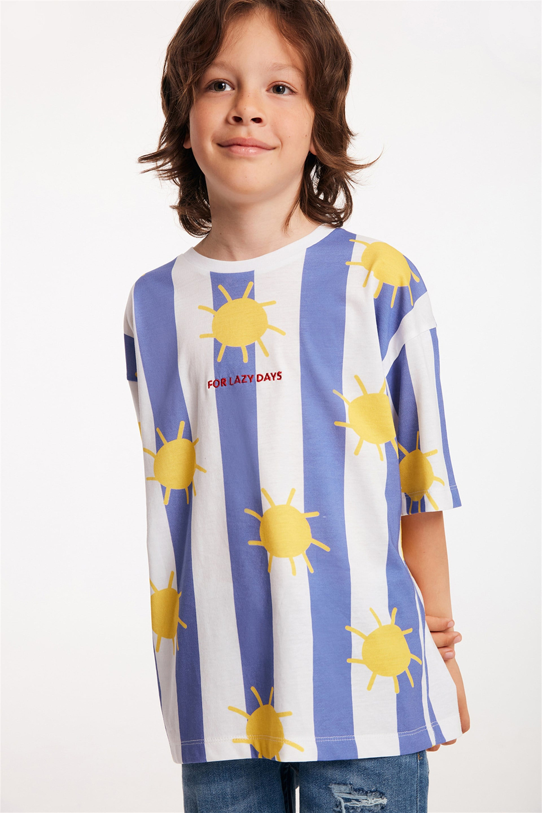 BROCK Çocuk Mavi Nakışlı-İşlemeli Yuvarlak Yaka Comfort Fit T-Shirt