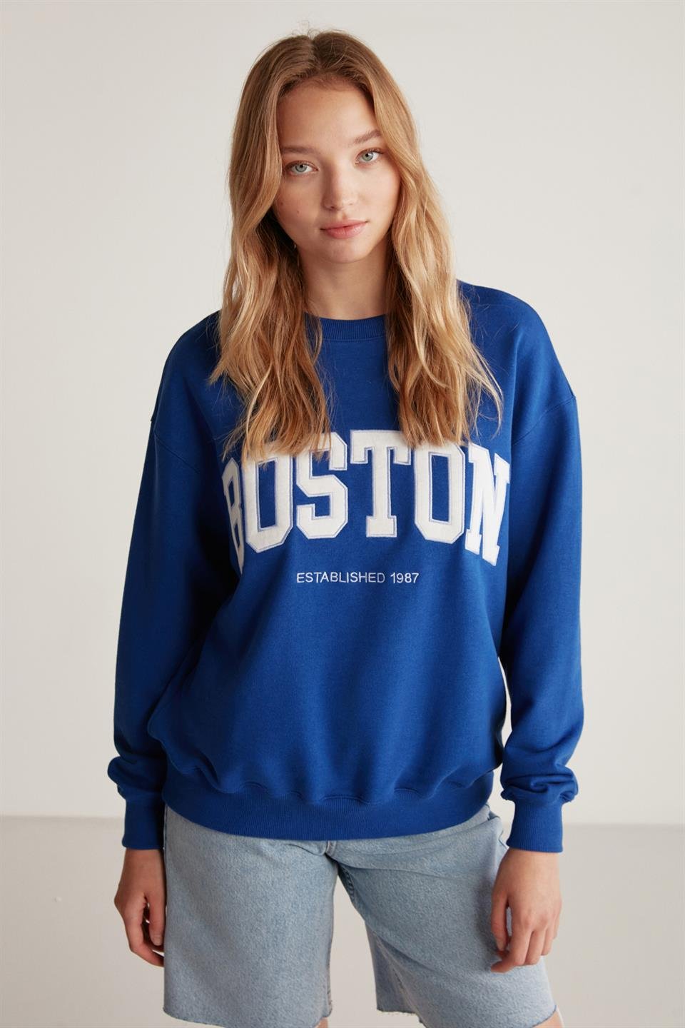 CAROLA Örme Oversize Lacivert Tekli Sweatshirt