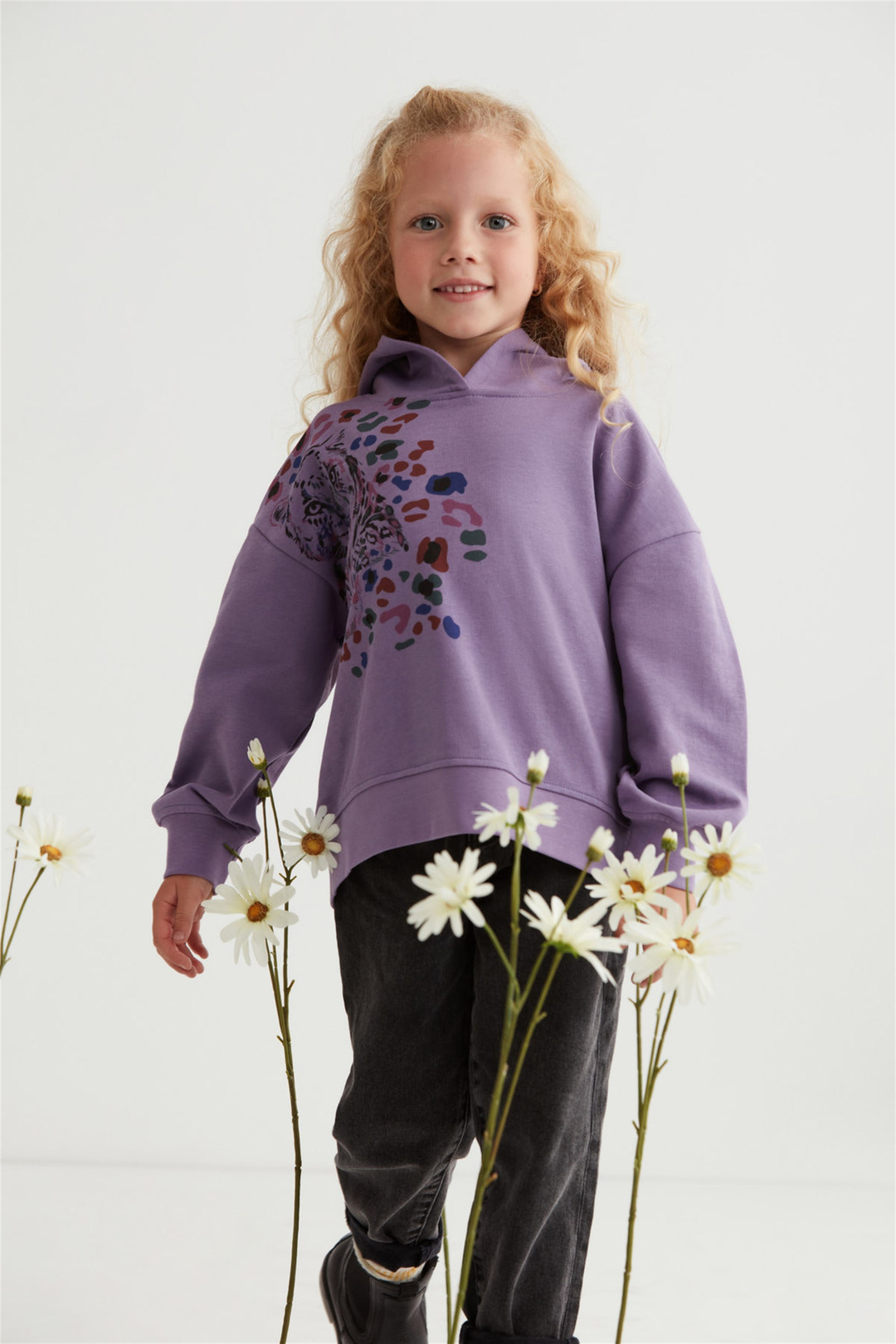 CATTY Çocuk Mor Baskılı Yuvarlak Yaka Oversize Sweatshirt