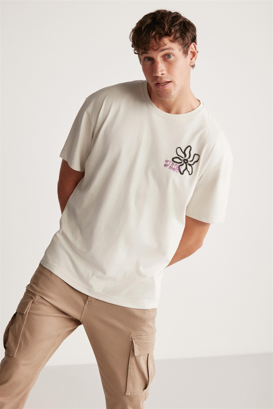 CLAYTON Örme Oversize Taş Rengi Tekli T-Shirt
