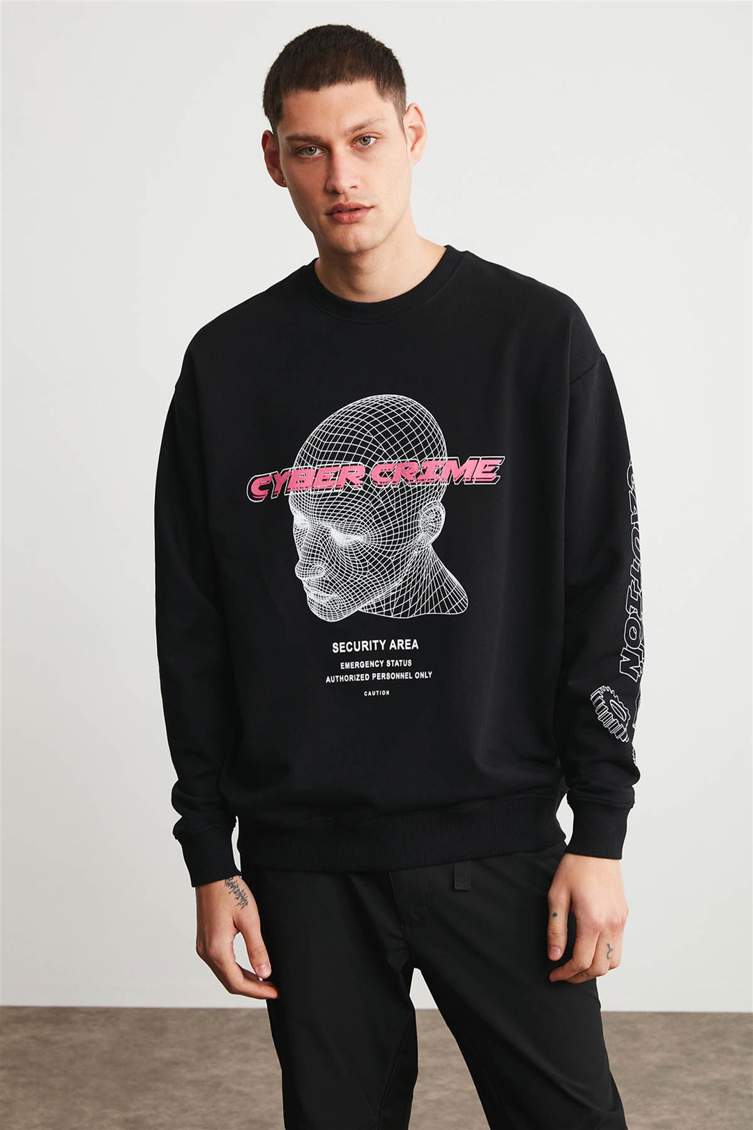 CYBER Erkek Siyah Baskılı Yuvarlak Yaka Oversıze Sweatshirt