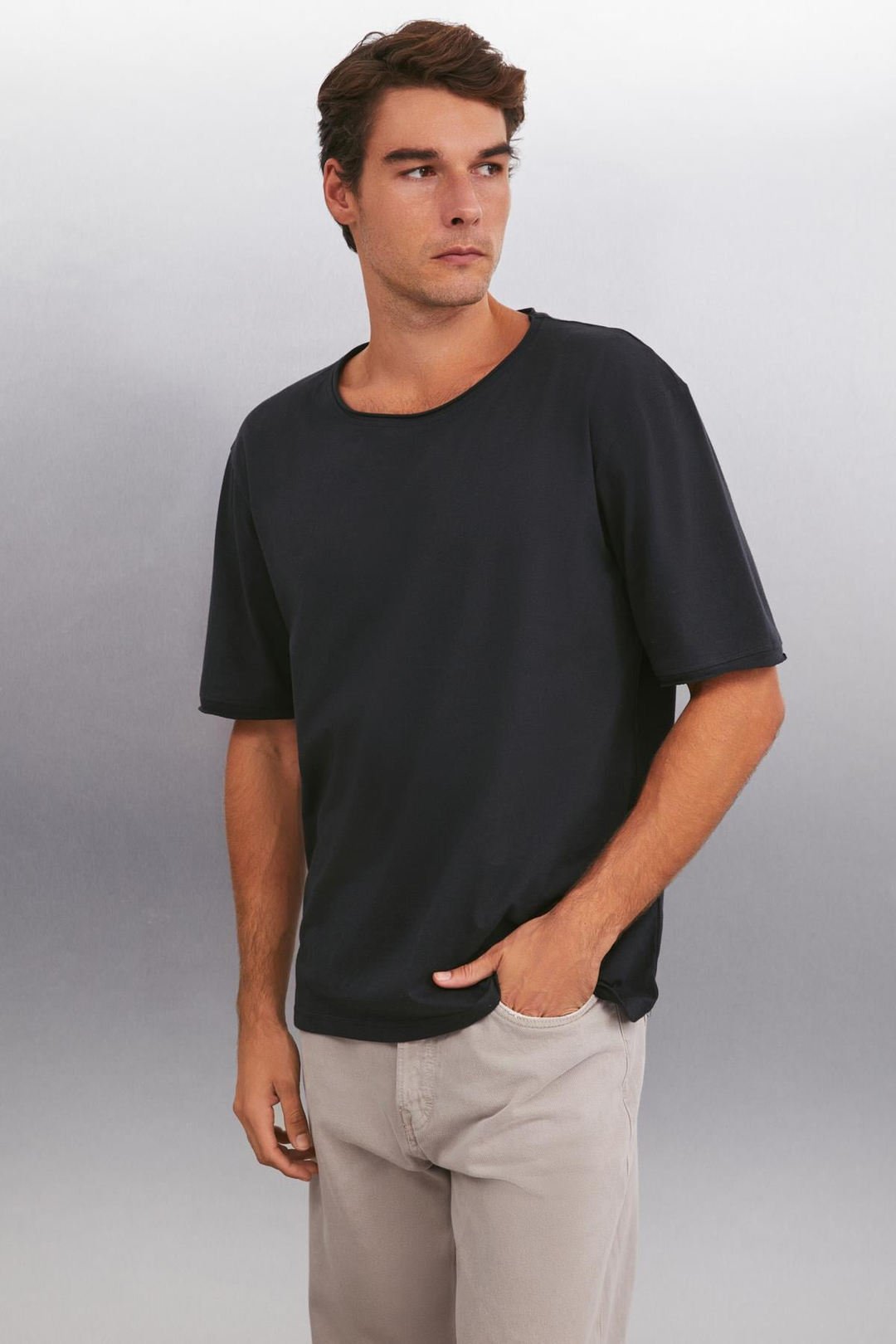 DAVINSONO  Relaxed Antrasit Tekli T-Shirt
