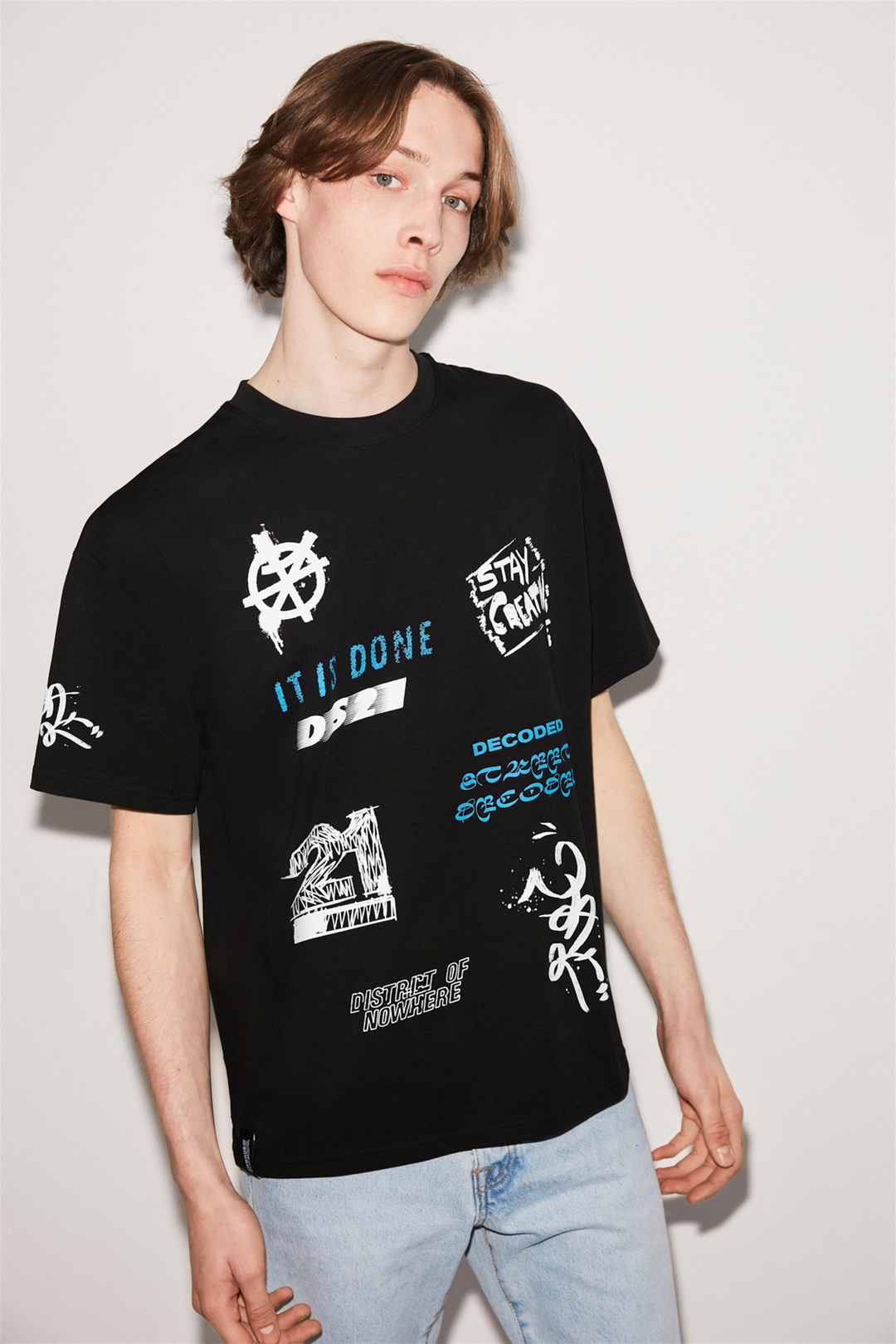 DECODED Erkek Siyah Baskılı Yuvarlak Yaka Oversize T-Shirt