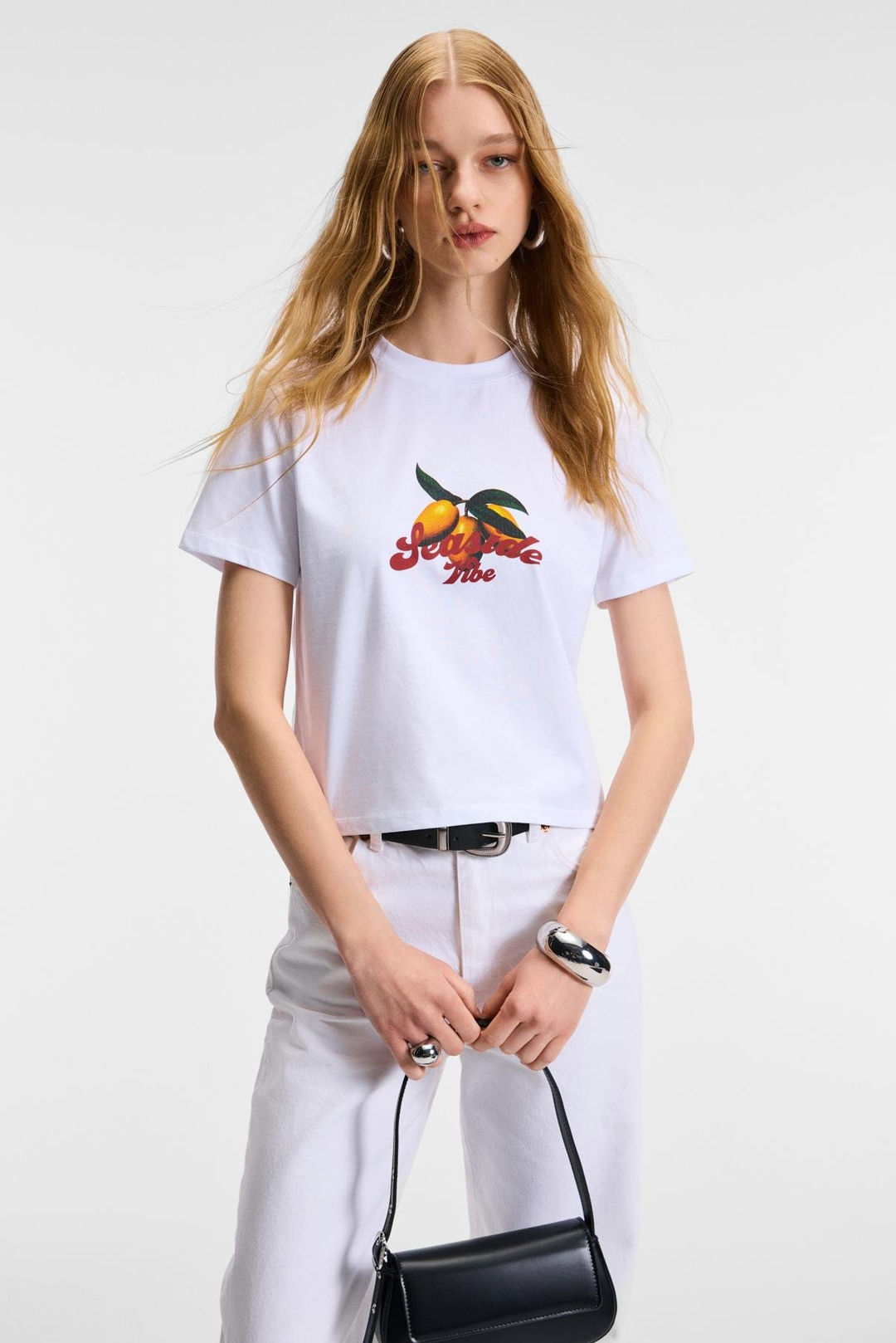 ELVERA Kadın %100 Pamuk Comfort Fit Baskılı Kısa Kollu Yuvarlak Yaka Beyaz T-Shirt