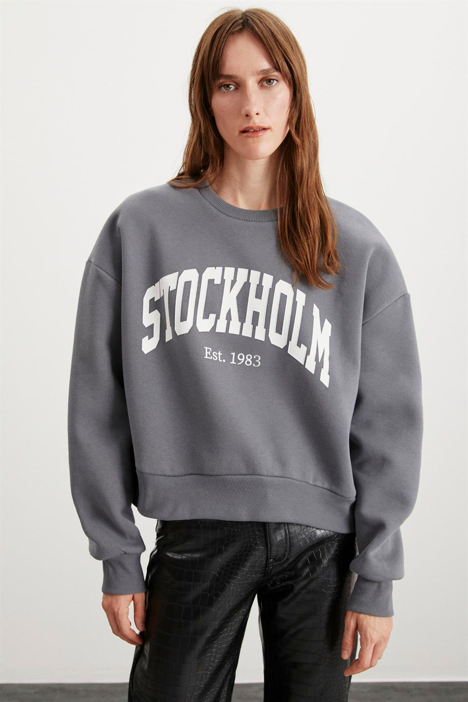 EUNICE  Oversize Gri Tekli Sweatshirt