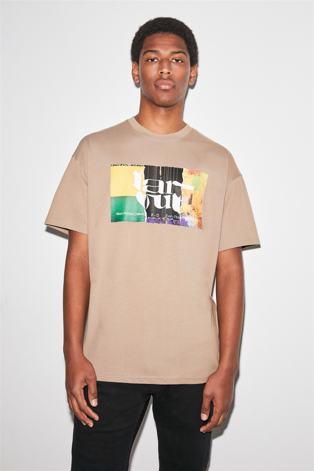 FAROUT Erkek Bej Baskılı Yuvarlak Yaka Oversize T-Shirt