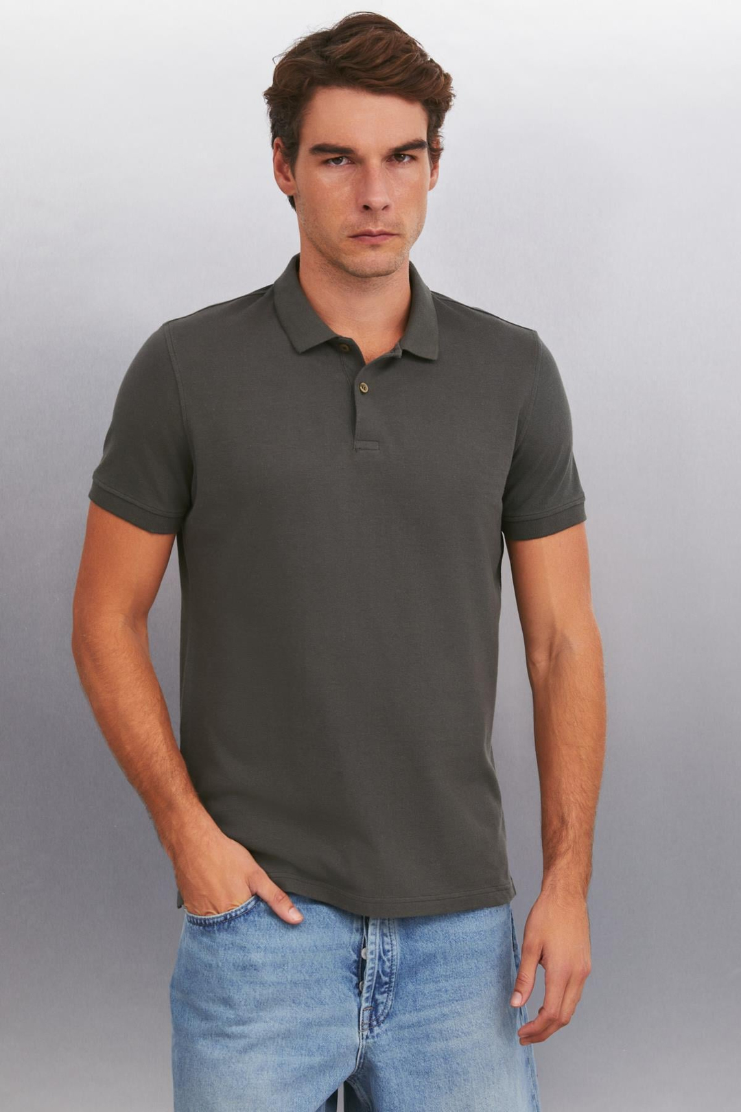 FORET  Regular Antrasit Tekli Polo Yaka T-shirt