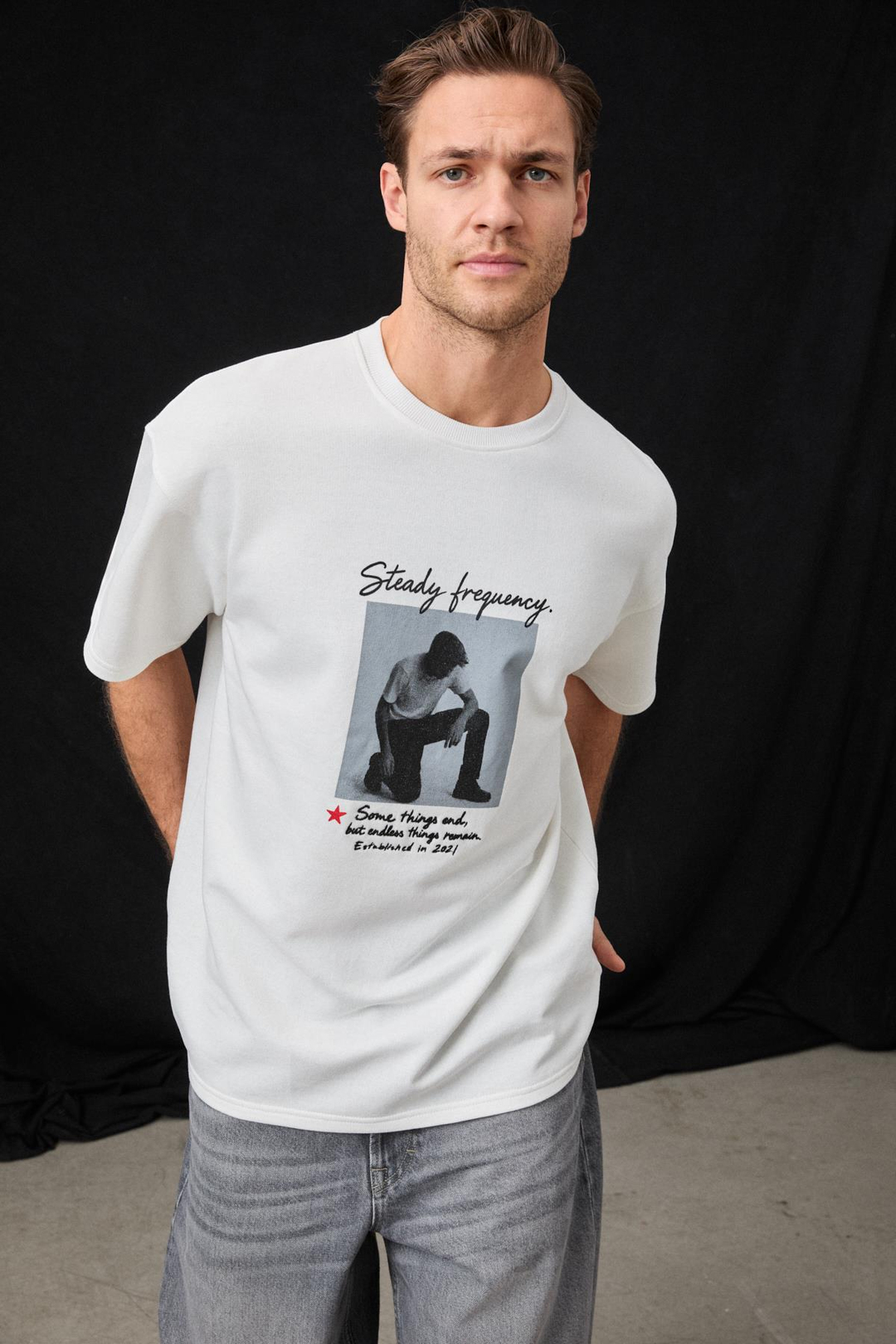 FRANCINHO Erkek Bisiklet Yaka Organik Pamuklu Baskı Ve Nakışlı Oversıze Beyaz T-Shirt