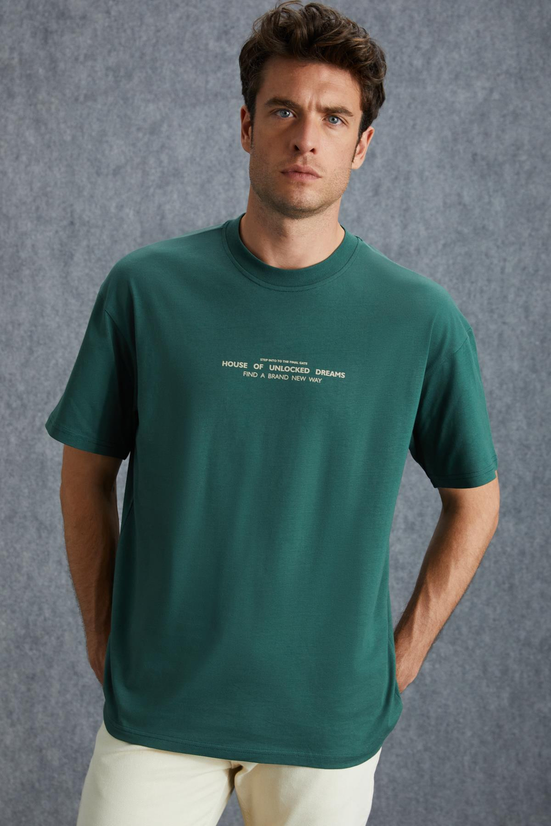 FRANK Erkek Kalın Dokulu Baskı Detaylı Oversize &100 Organik Pamuklu Yeşil T-Shirt