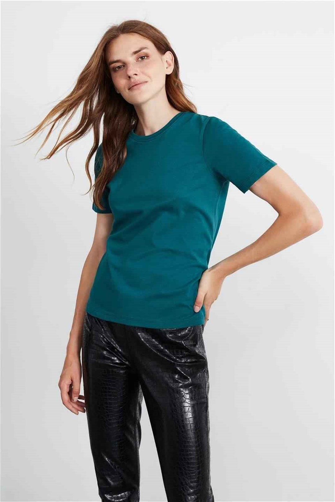 HANNAH Kadın Petrol Yeşili Düz Renk Yuvarlak Yaka Comfort Fit T-Shirt
