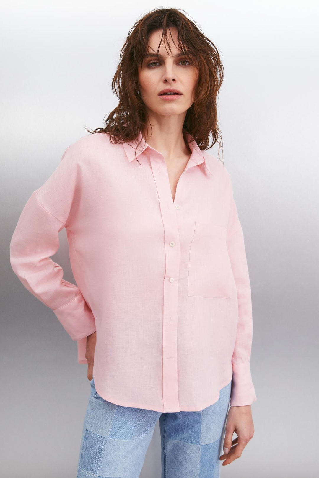HERLINA Keten Oversize Açık Pembe Tekli Gömlek
