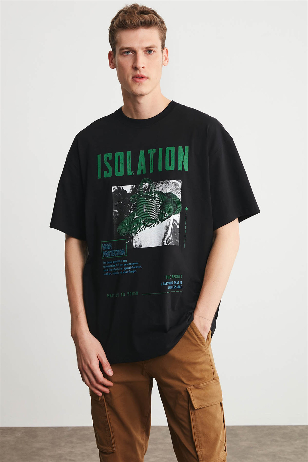 ISOLATION Erkek Siyah Baskılı Yuvarlak Yaka Oversıze T-Shirt