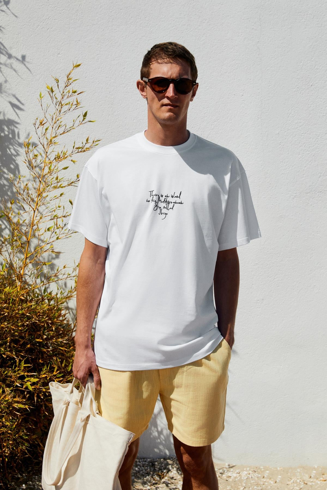ITALIA Erkek %100 Organik Pamuk Ön Arka Baskı Detaylı Oversize Kısa Kol Beyaz T-Shirt