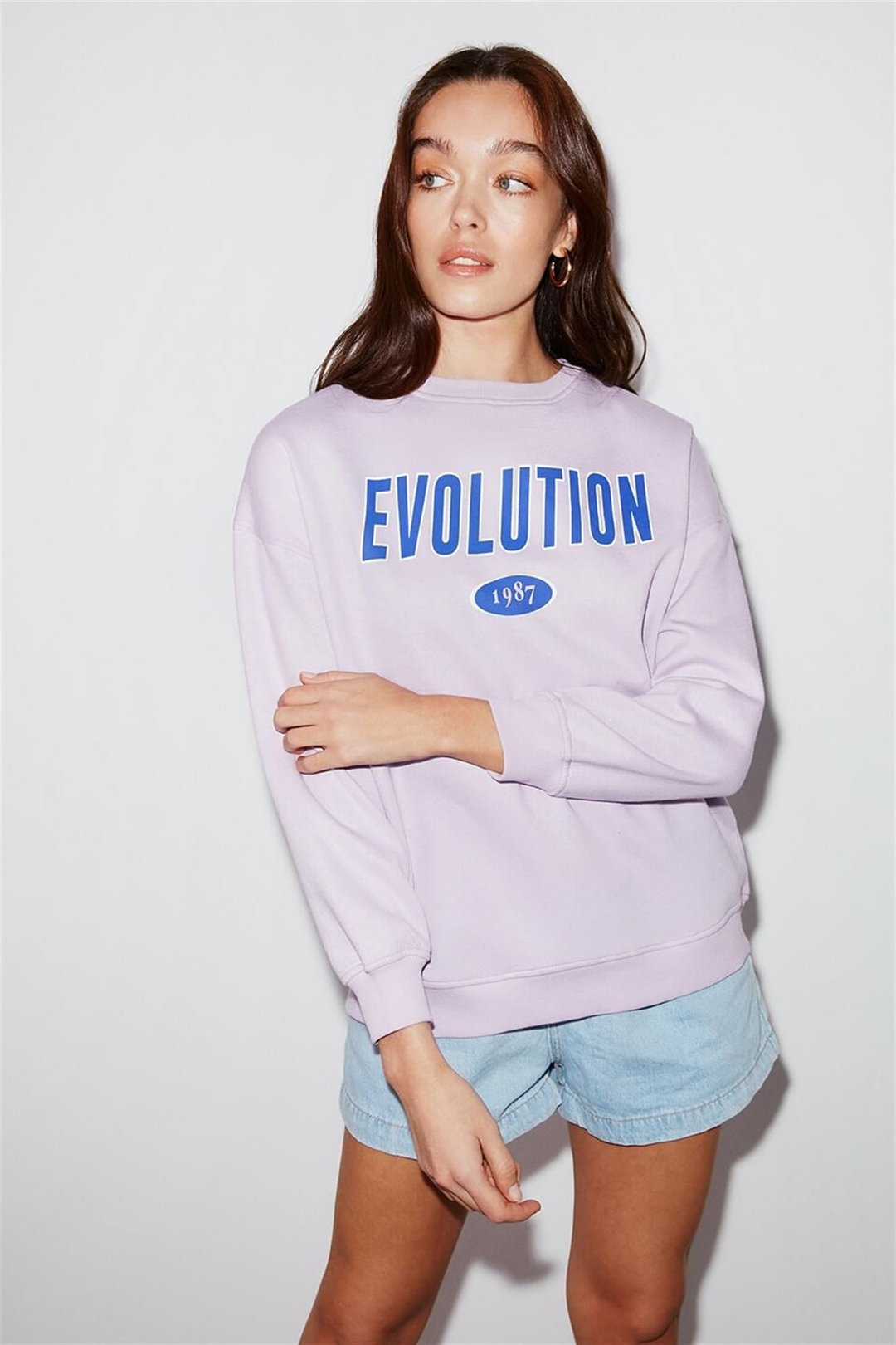 IVORY Kadın Lila Baskılı Yuvarlak Yaka Oversize Sweatshirt
