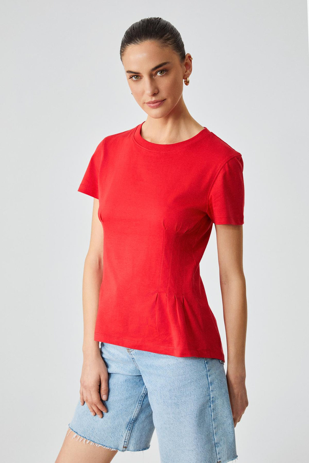 JESSIA Kadın Korse Detaylı %100 Organik Pamuk Bisiklet Yaka Kırmızı T-Shirt