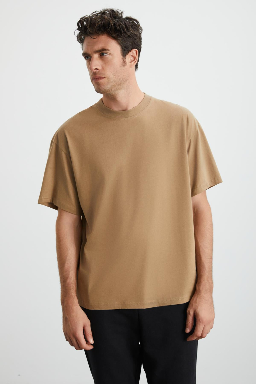 JETT Erkek %100 Organik Pamuklu Kalın Dokulu Oversize Fit Bisiklet Yaka Vizon T-Shirt