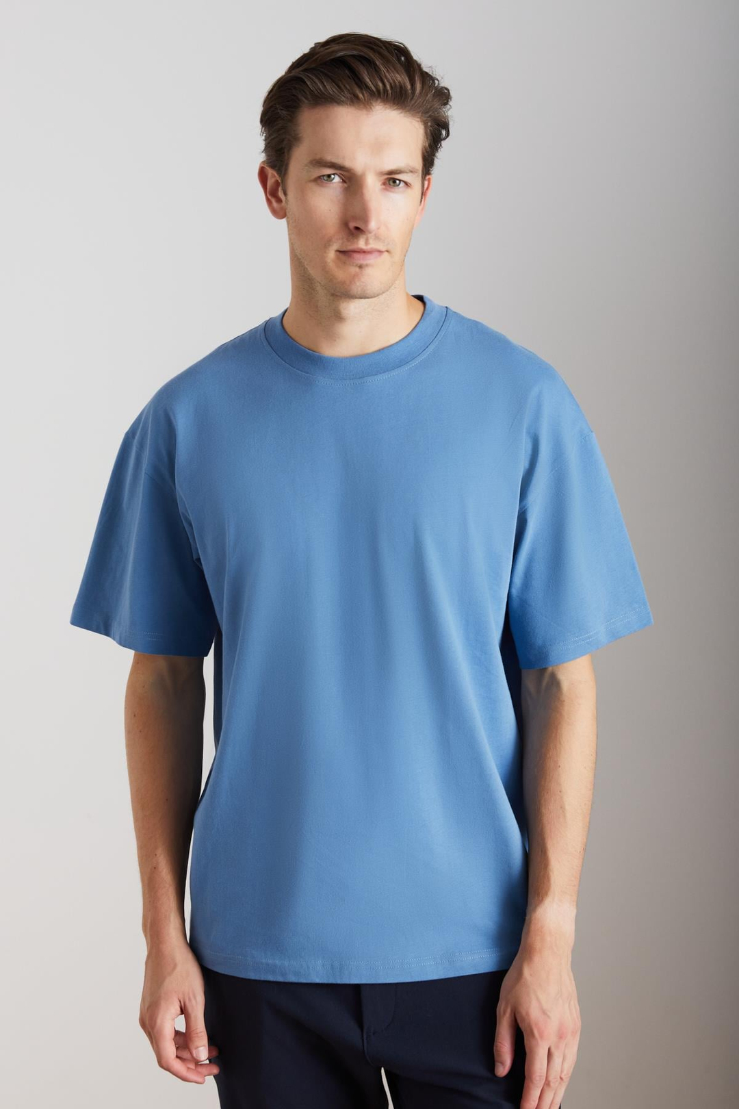 JETT Erkek %100 Organik Pamuklu Kalın Dokulu Oversize Fit Bisiklet Yaka İndigo T-Shirt