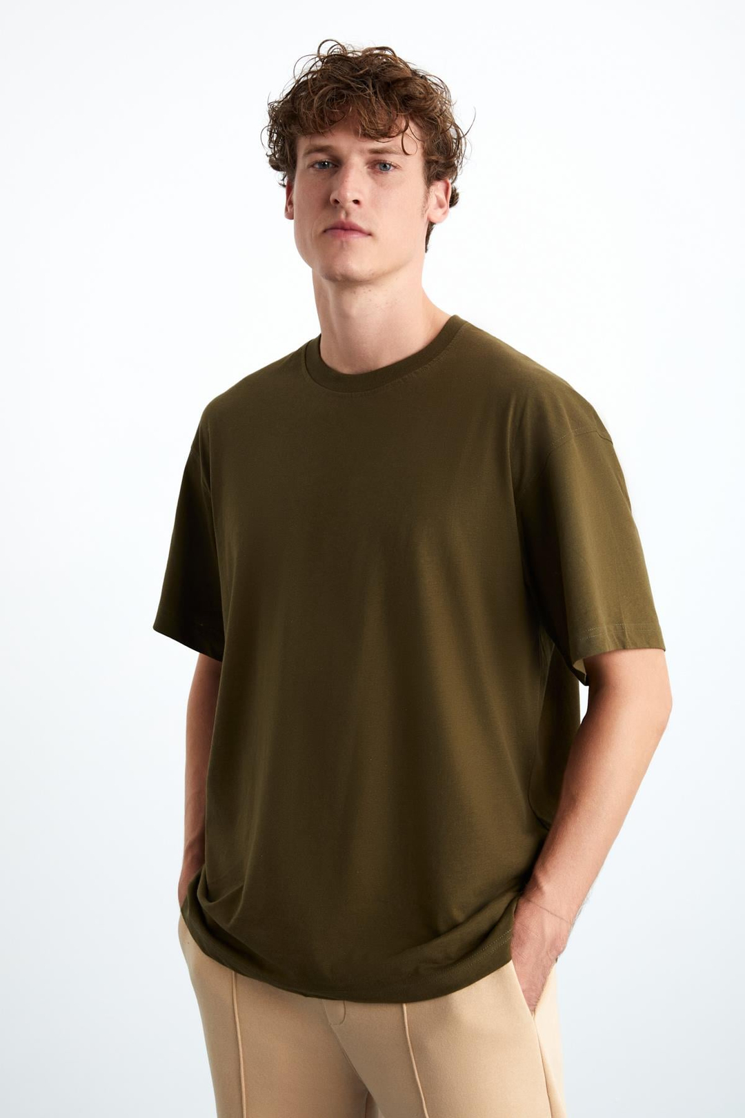 JETT Erkek %100 Organik Pamuklu Kalın Dokulu Oversize Fit Bisiklet Yaka Haki T-Shirt