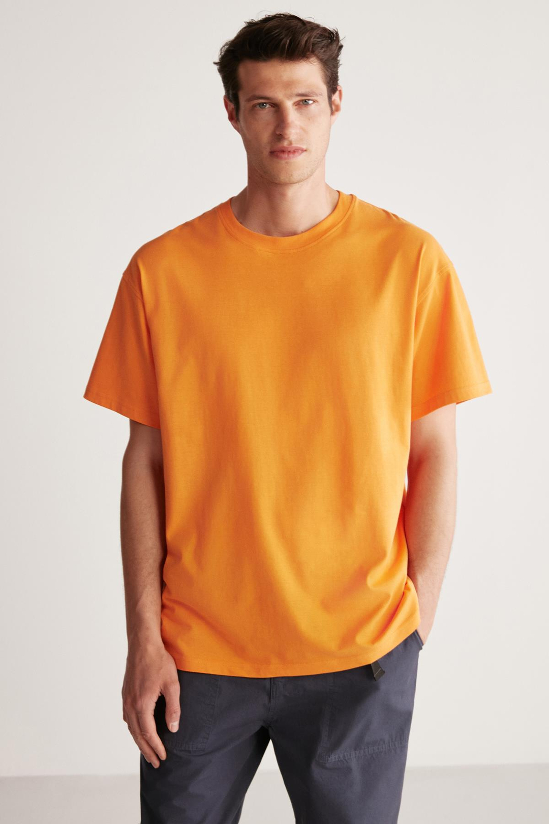 JETT Erkek %100 Organik Pamuklu Kalın Dokulu Oversize Fit Bisiklet Yaka Turuncu T-Shirt