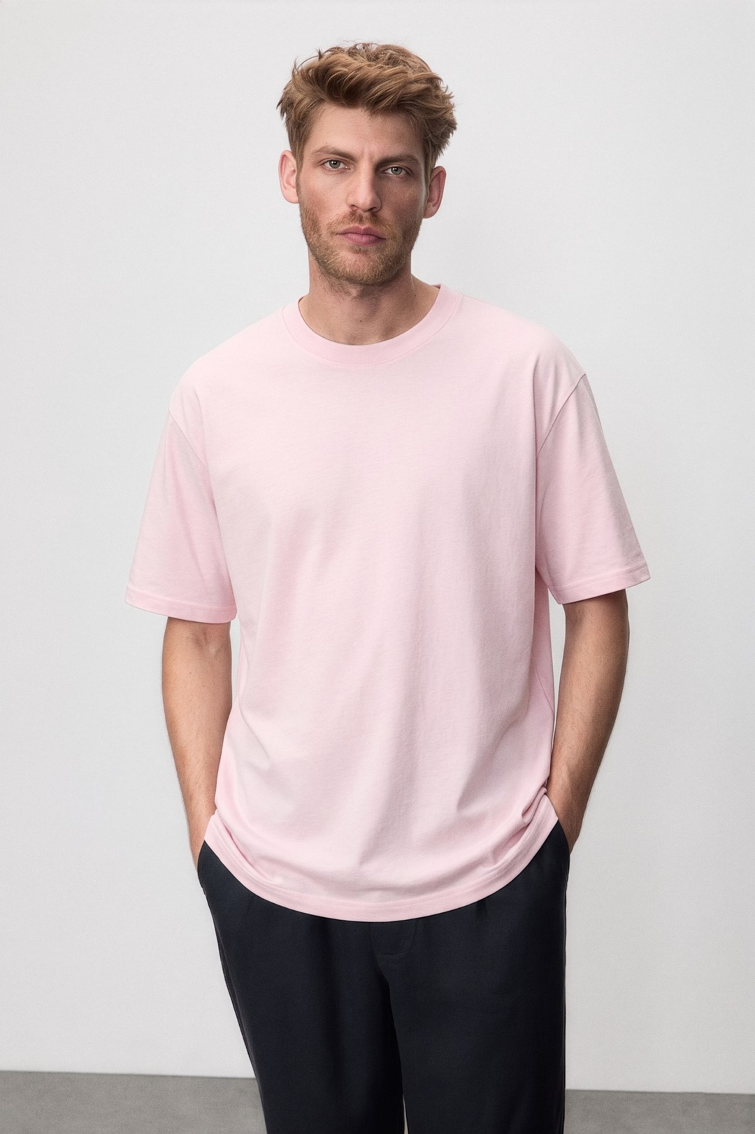 JETT Erkek Oversize Fit %100 organik Pamuk Kalın Dokulu Bisiklet Yakalı Açık Pembe T-Shirt