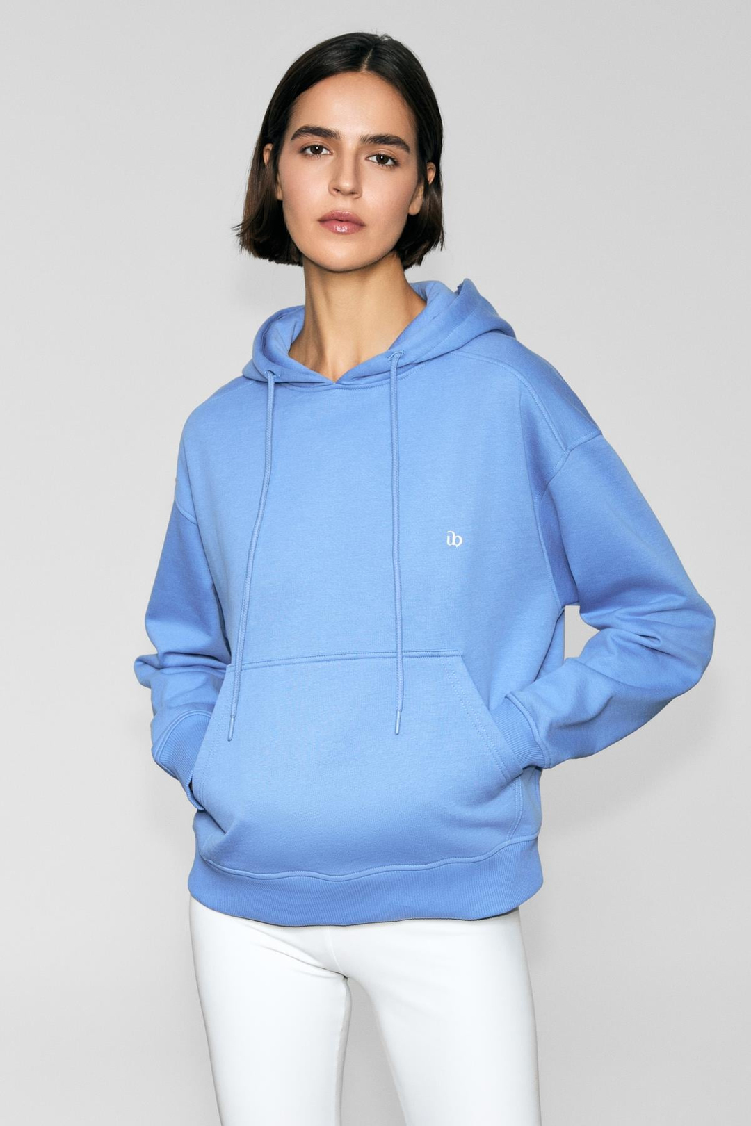 JINGSO Kadın Polarlı Yumuşak Kapüşonlu Kanguru Cepli Baskı Detaylı Mavi Sweatshirt