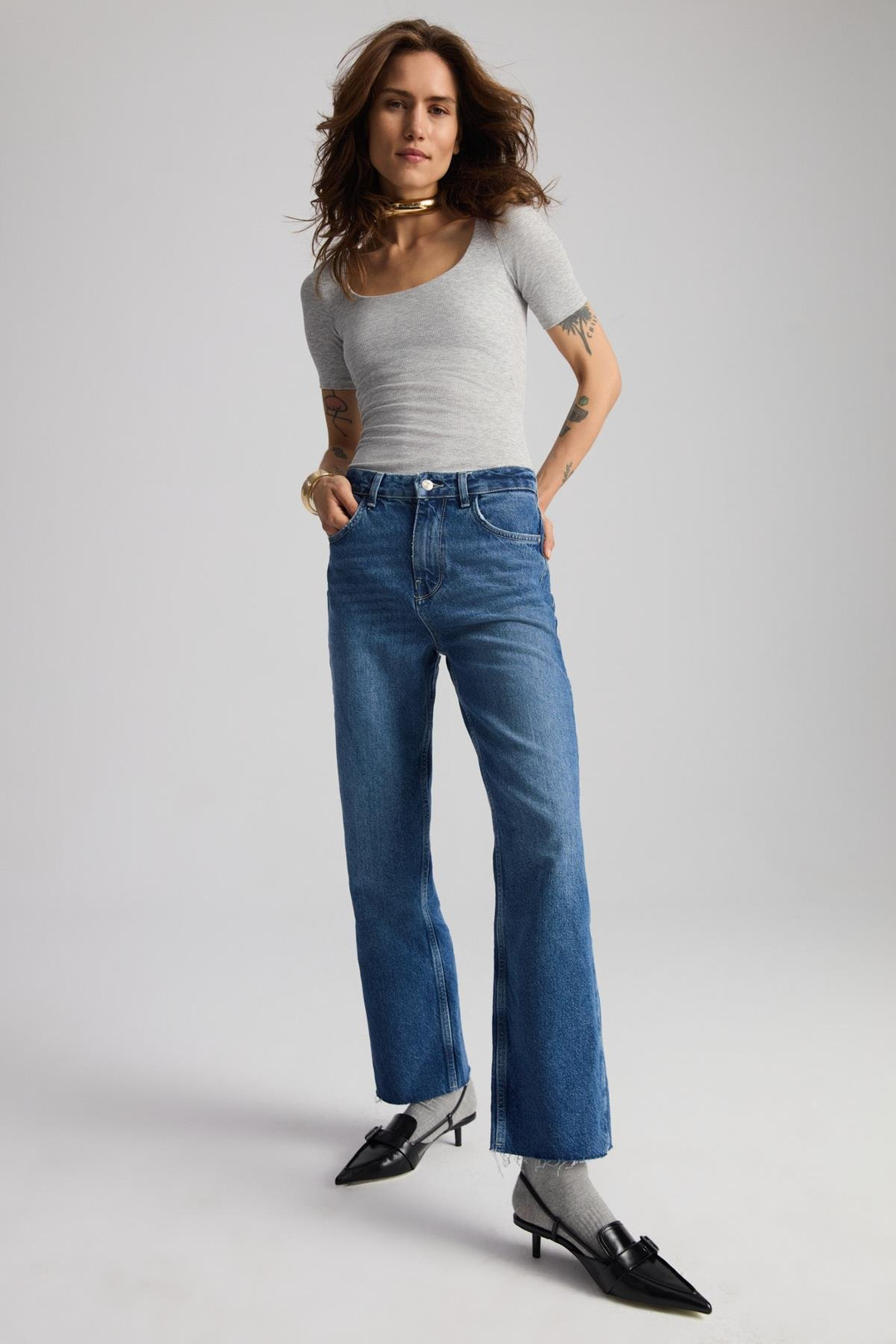JOLANDA Basic Wide Leg Mavi Tekli Jeans