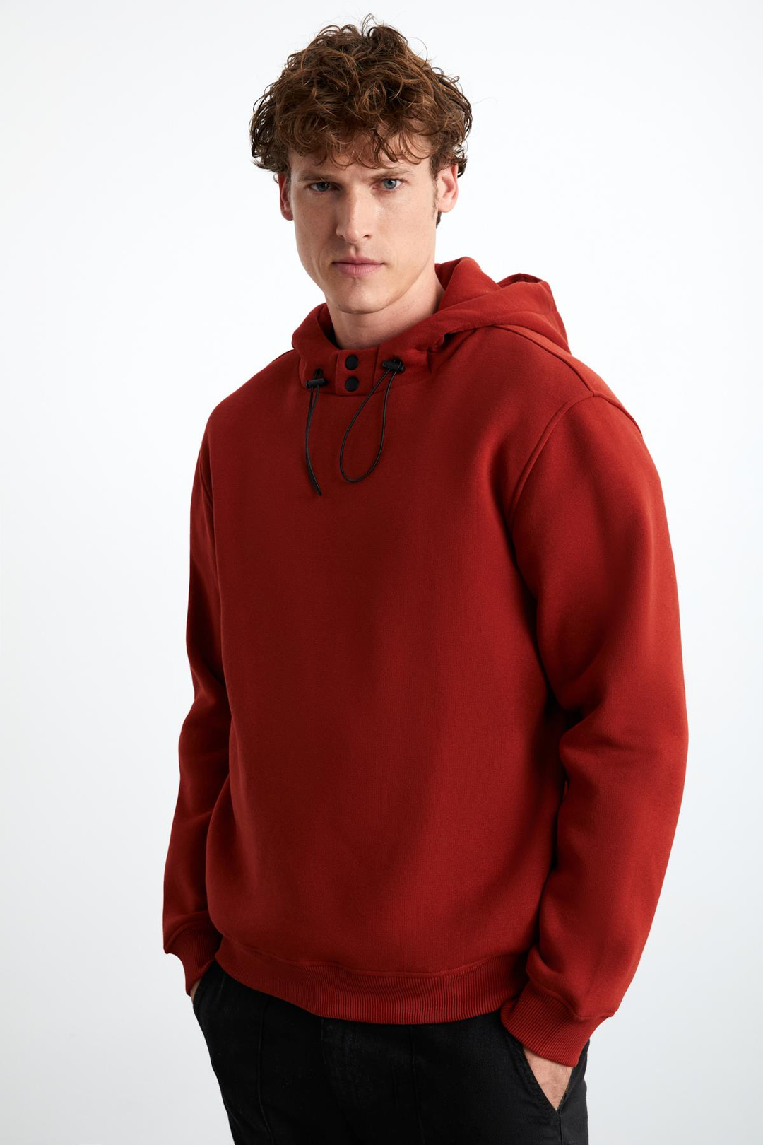 JORNA Erkek 3 İplik İçi Şardonlu Yumuşacık Çıt Çıt Yakalı Regular Kapüşonlu Kiremit Rengi Sweatshirt