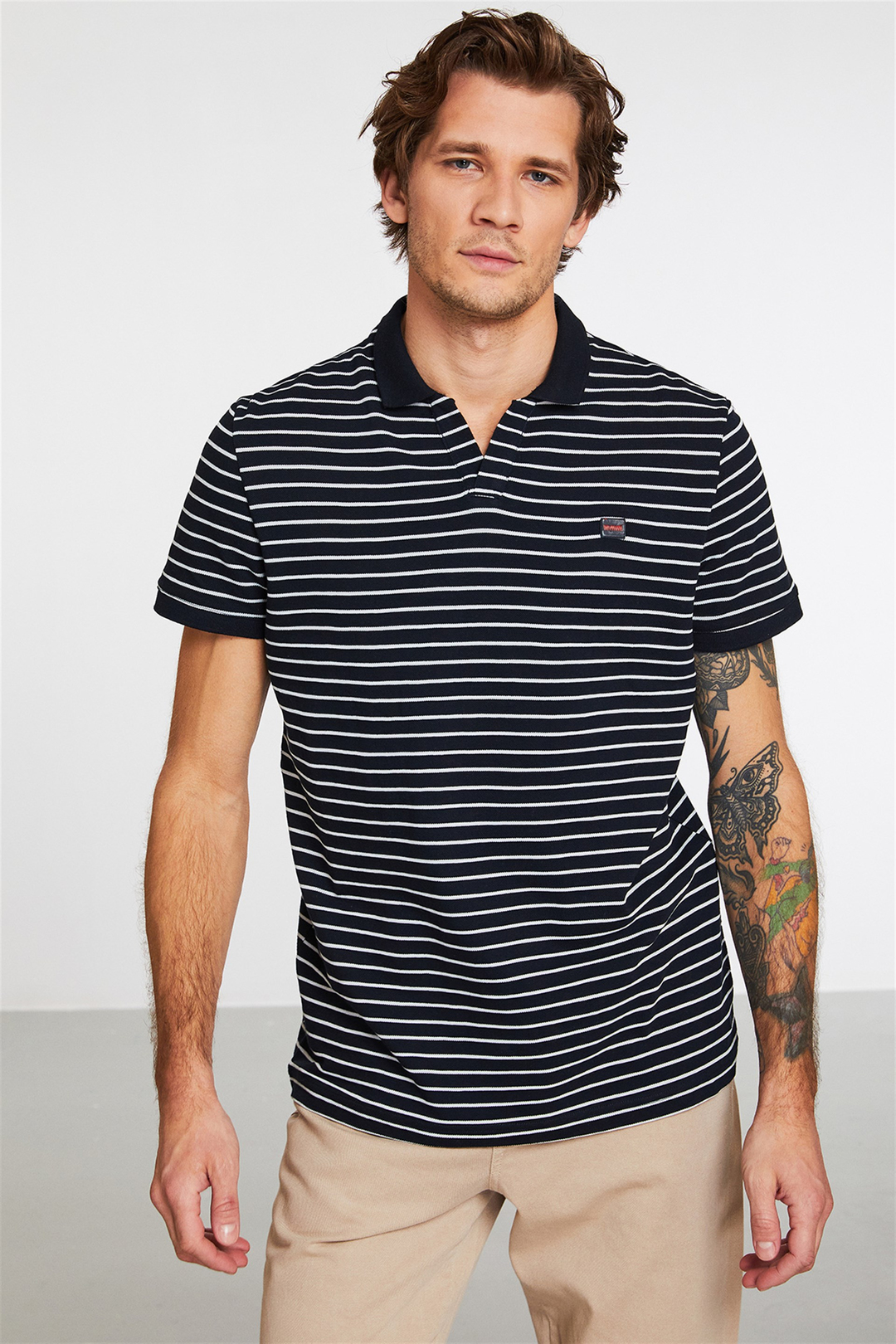 JUSTIN Erkek Lacivert Nakışlı-İşlemeli Polo Yaka Slim Fit Polo Yaka T-shirt