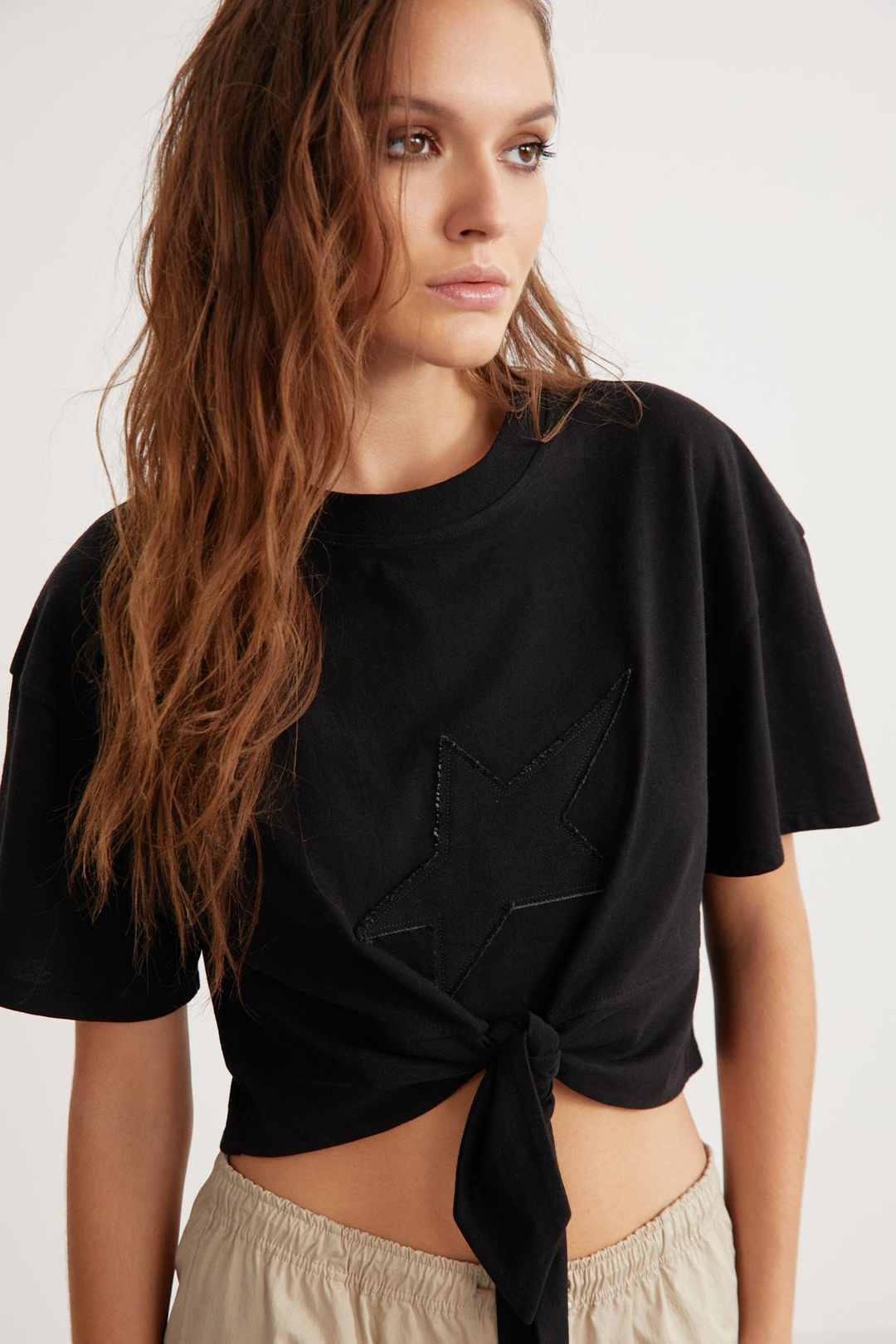KARLA Crop Relaxed Siyah Tekli T-Shirt