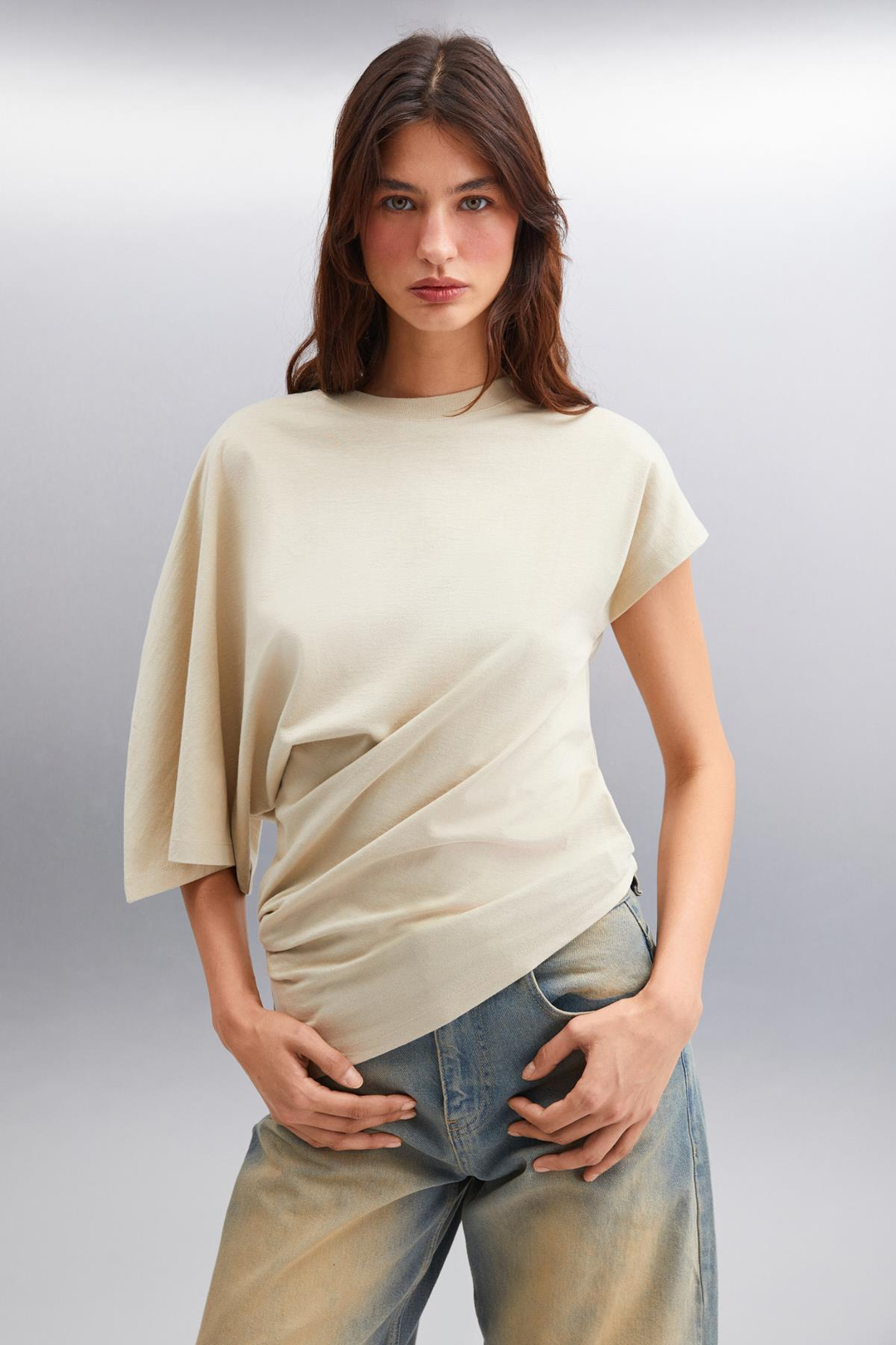 KATIE Asimetrik Relaxed Gri Tekli T-Shirt