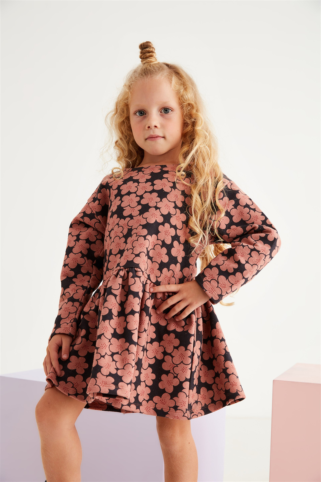 KIT Kız Çocuk Pembe Desenli Bisiklet Yaka Comfort Fit Elbise