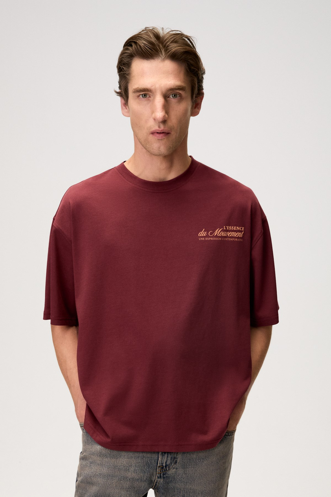 KYREN Erkek Organik Pamuklu Önü Ve Arkası Baskılı Yuvarlak Yaka Bordo T-Shirt