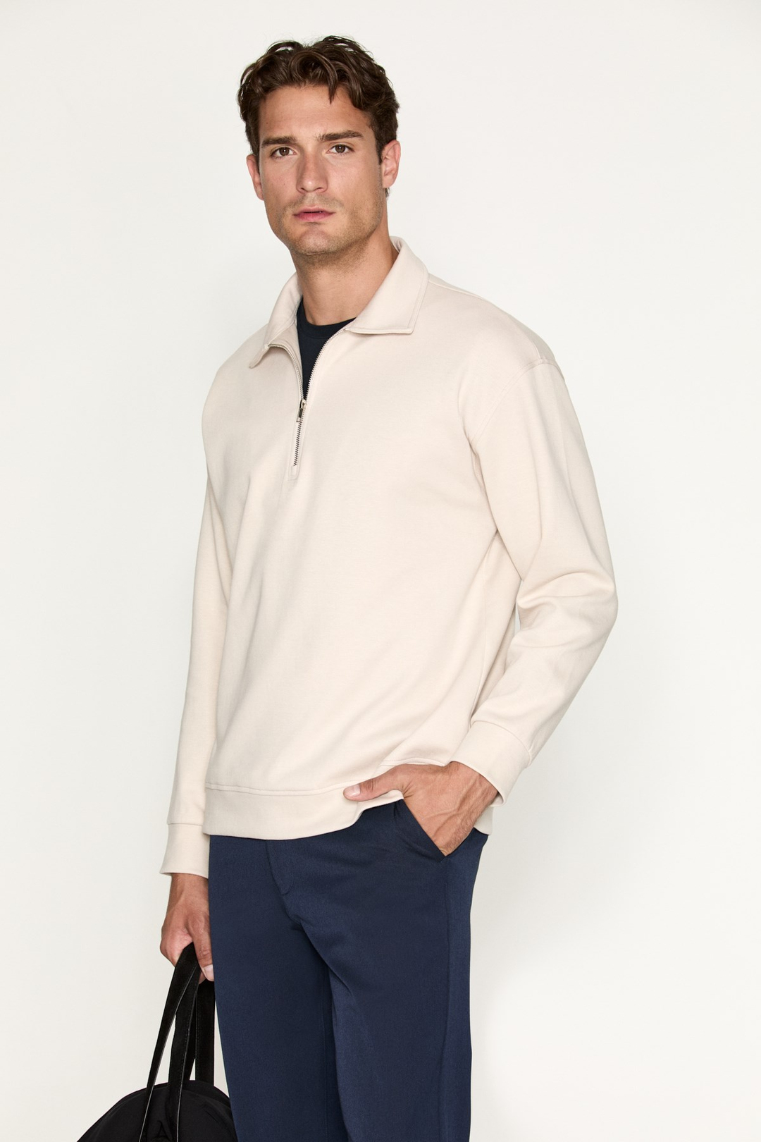 LAURENT Erkek Yarım Fermuarlı Vizon - Bej Sweatshirt