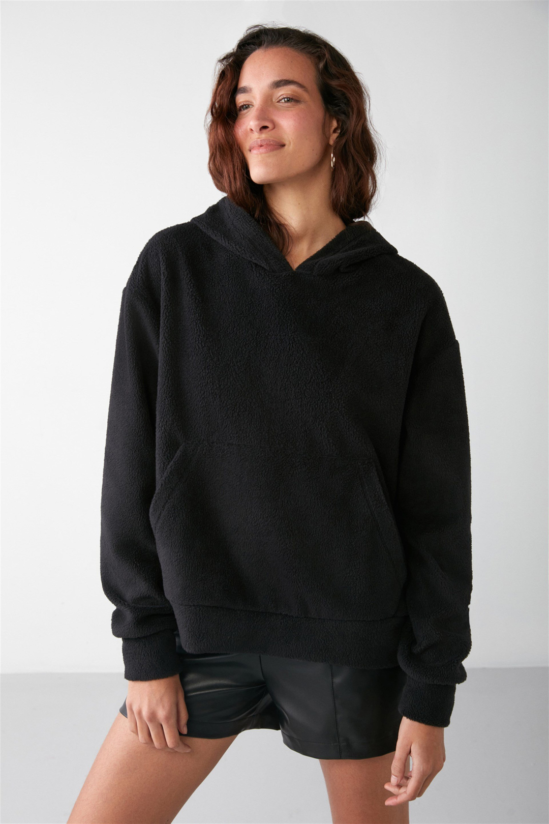 LENORA Dokuma Oversize Siyah Tekli Sweatshirt