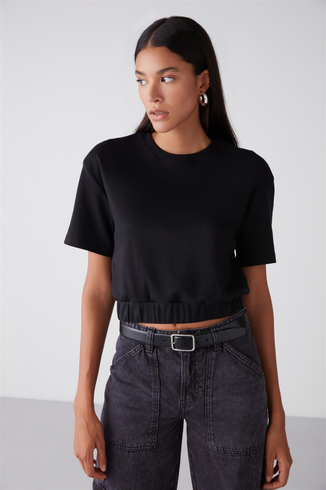 LOLA Örme Crop Fit Siyah  Bluz