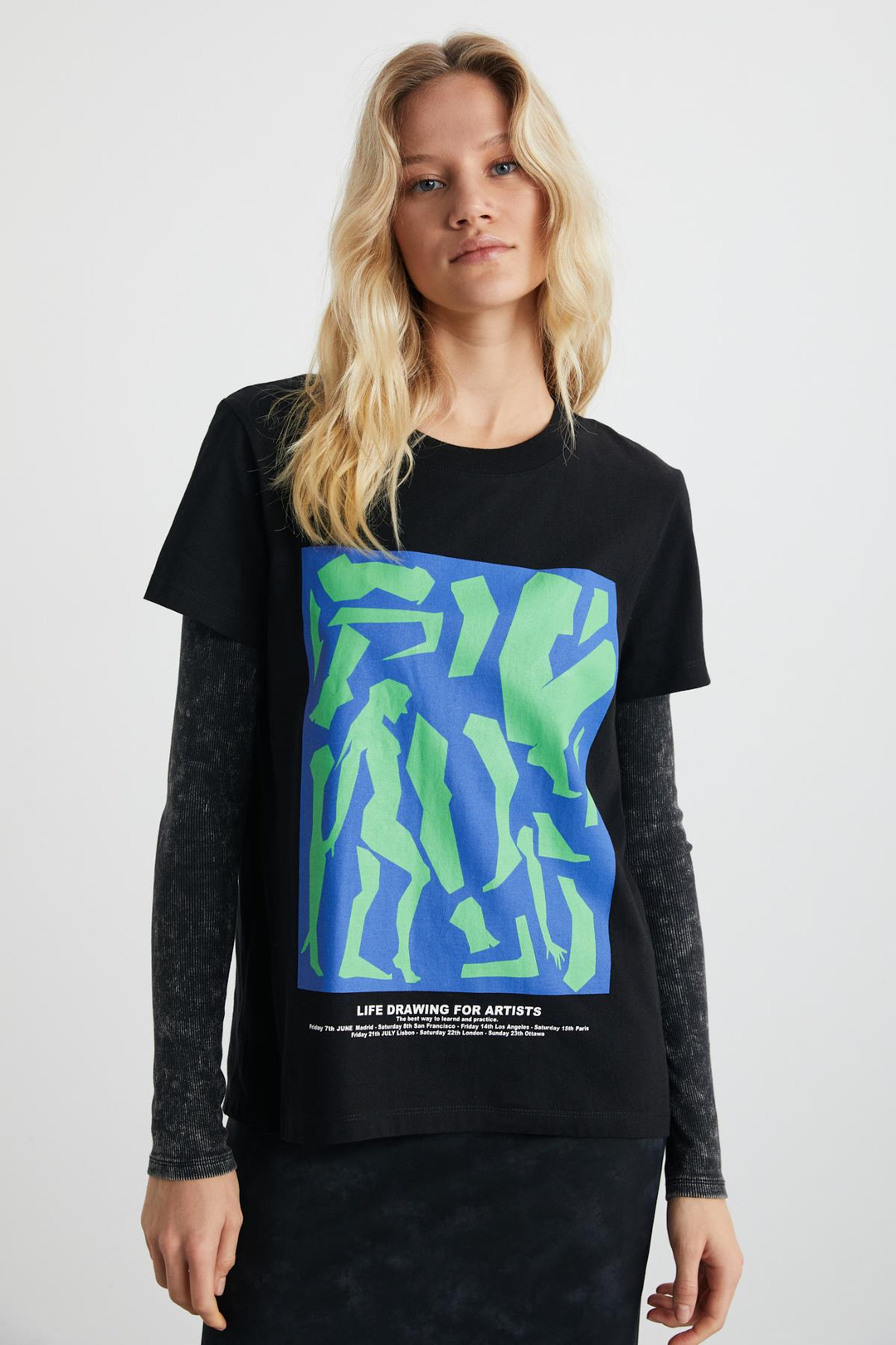 LUMI Kadın Baskılı Yuvarlak Yaka Kısa kollu Siyah T-Shirt